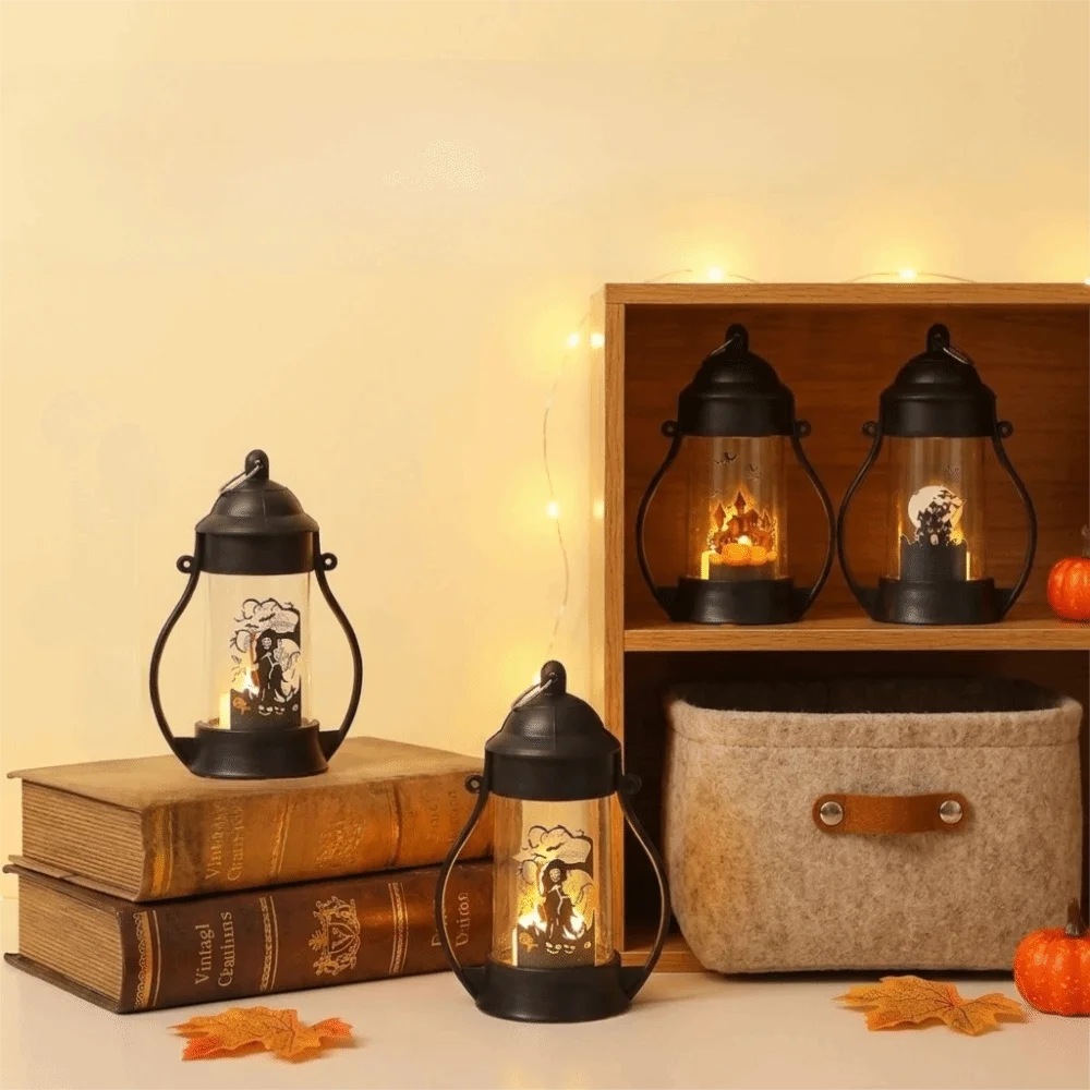 Vintage Halloween Wind Lamp Castle Ghost Pattern Cylindrical Pumpkin Wind Lantern Double Handle Warm Yellow Light