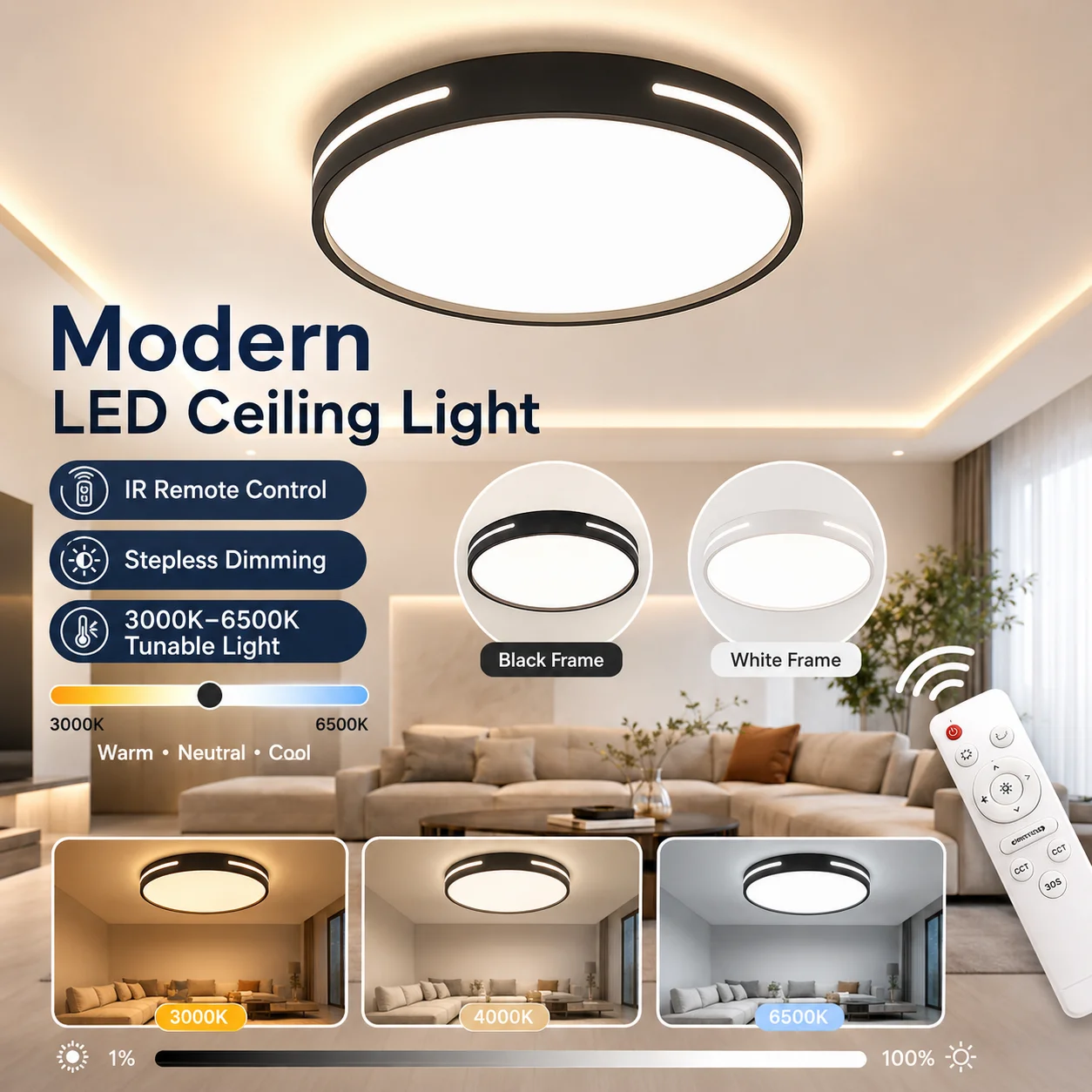 220V Ceiling Light Remote Control Led Dimmable Indoor Panel Lights for Home Bedroom Kitchen 3 Colors Smart Ceiling Lamp 30/40W