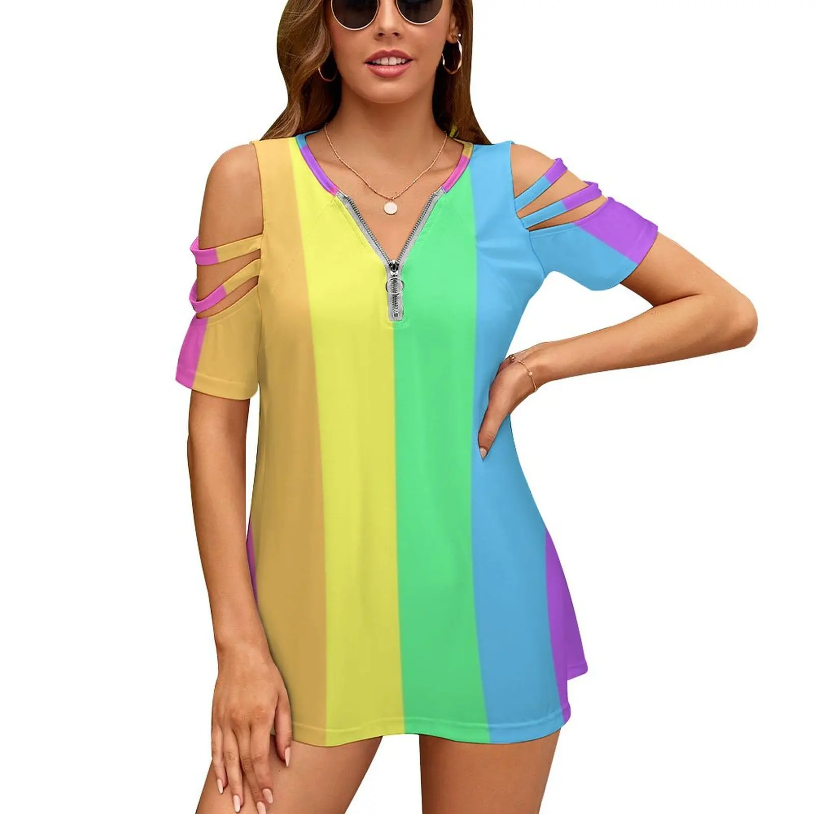 Pastel Rainbow Sherbet Splash Women's T-Shirt New Fashion Printed Zipper V-Neck Short Sleeve T Shirts Casual Plus Size Rainbow