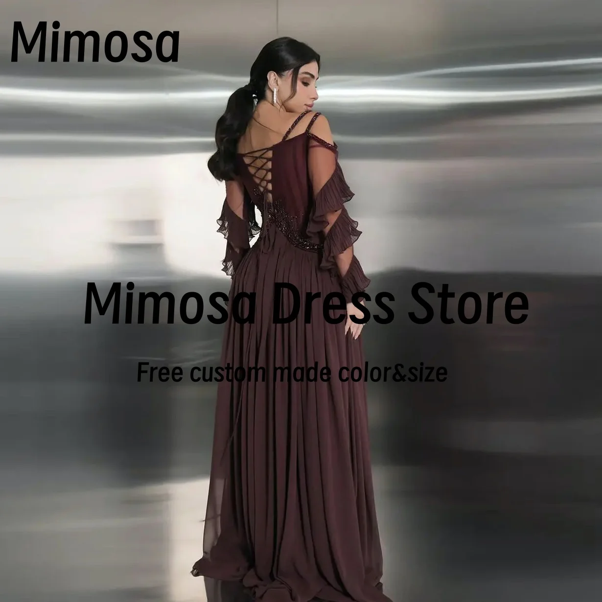 Mimosa Ruffles Long Sleeves Prom Dresses Off Shoulder Beaded Robe De Soirée Femmes Ruched Chiffon Evening Party Gowns Customized