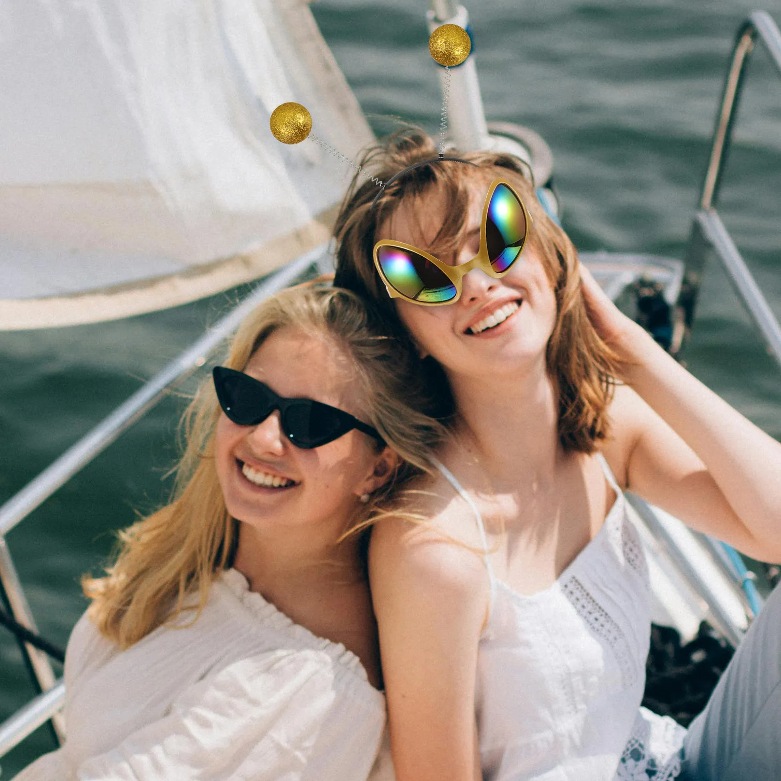 Funny Sunglasses with Antenna Headband Rainbow Lens Cosplay Party Costume Accessories for Adults Halloween Fun Wear