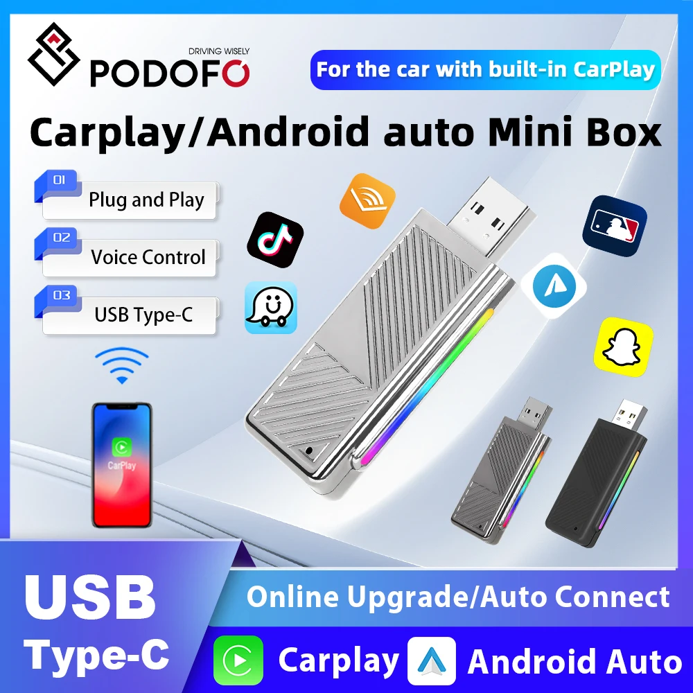 Podofo carplay AI box Wired Apple CarPlay to Wireless Dongle Activator USB Type-C Port Support Online Map Voice Control