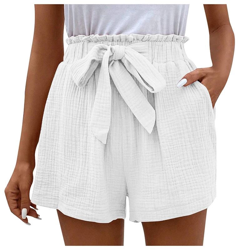 Women's Cotton Linen High Waist Shorts Sweet Soft Comfortable Bow Tie Elastic Waist Hot Pants Loose Casual Wide Leg Shorts