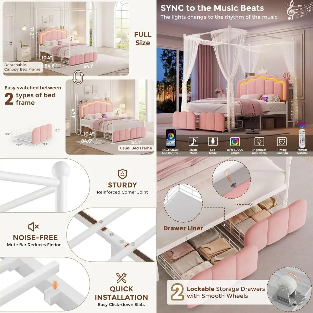 

Pink Velvet LED Bed with Storage Drawers, Charging Station, Bookshelf, and Removable Posts