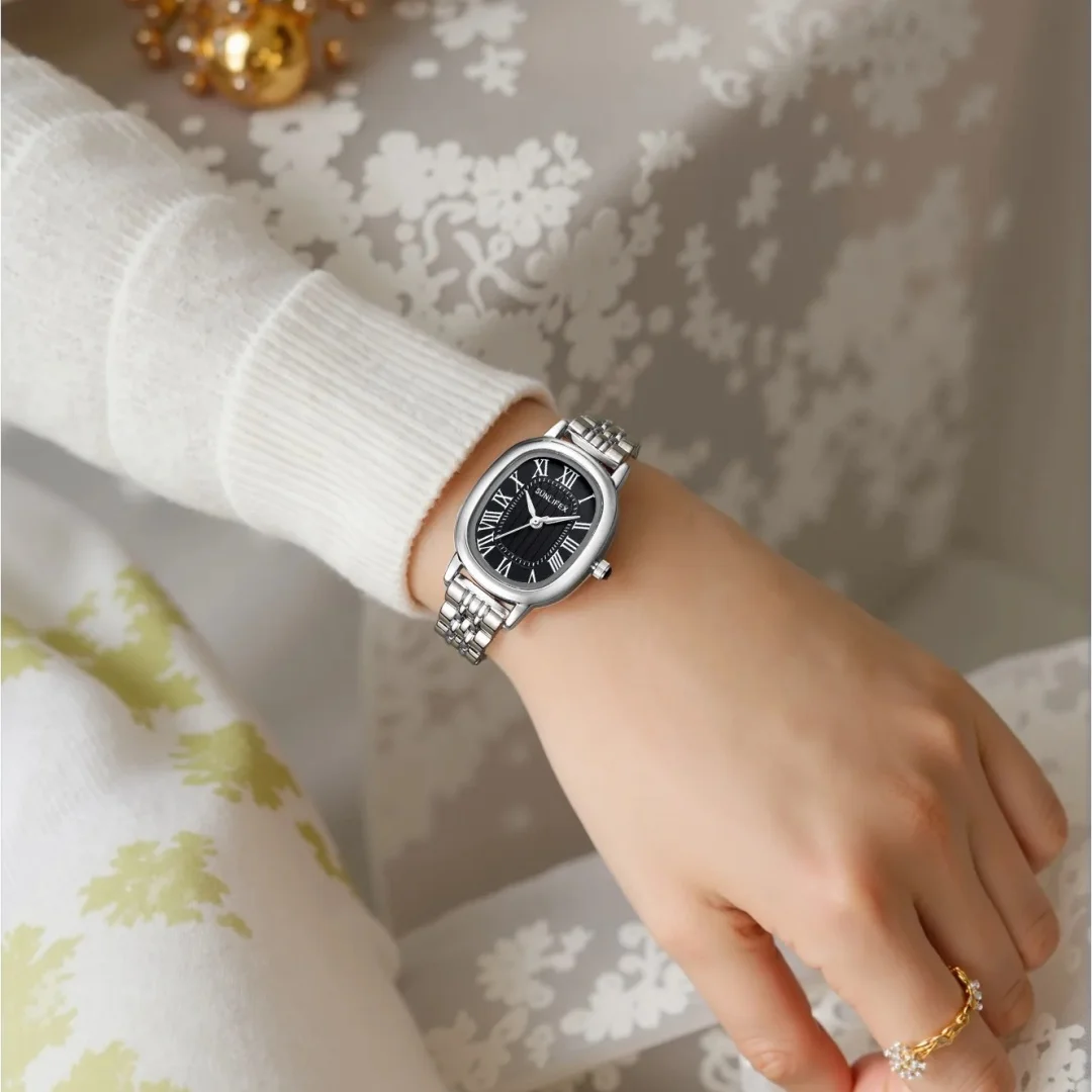 SUNLIFEX Oval Simple Women’s Watch Business Gold Silver Quartz Wristwatch Stainless Steel Folding Clock Elegant Dress Ladies Wa