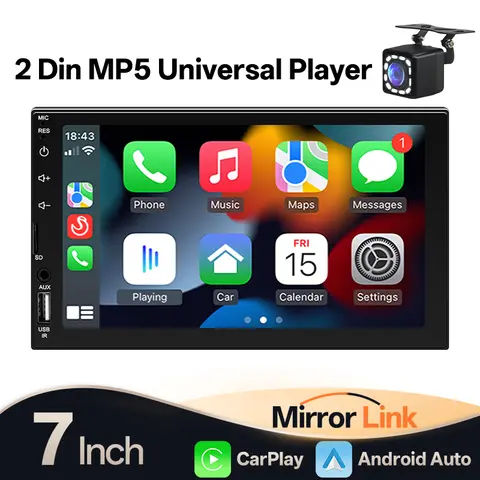 Hippcron 2Din Car Radio Multimedia MP5 Player Wired Carplay Android Auto 7" Touch Screen FM AUX Input Bluetooth Support Camera
