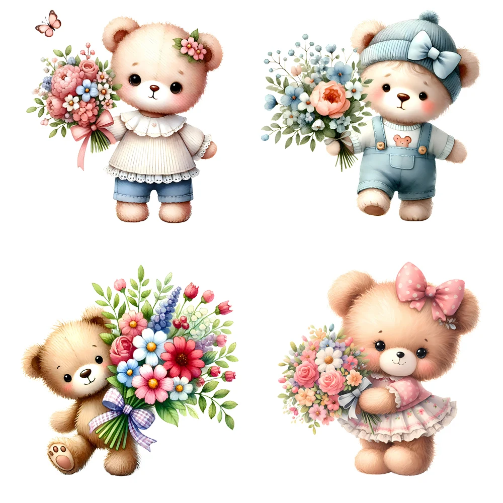 15cm Kids Happy Mothers Day Flwoer Bear Iron On Transfer Stickers Diy DTF Heat Transfer Sticker T-shirt Clothes Decals