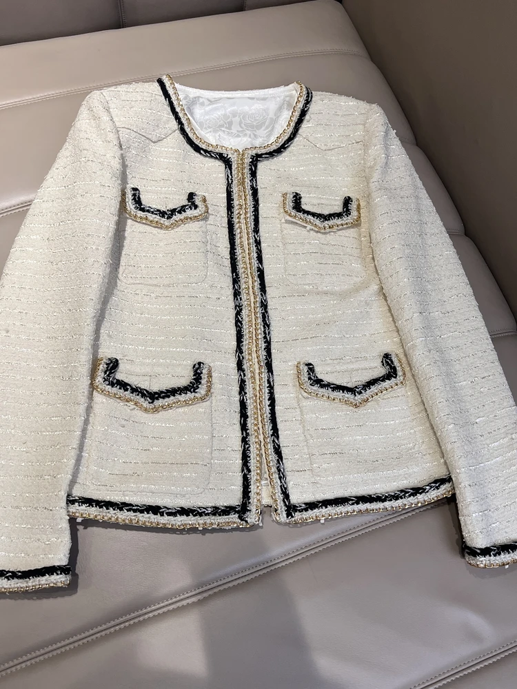 

Осень 2023, роскошная женская куртка из смеси шерсти, модная универсальная цепочка с детализацией, белая верхняя одежда из грубого твида