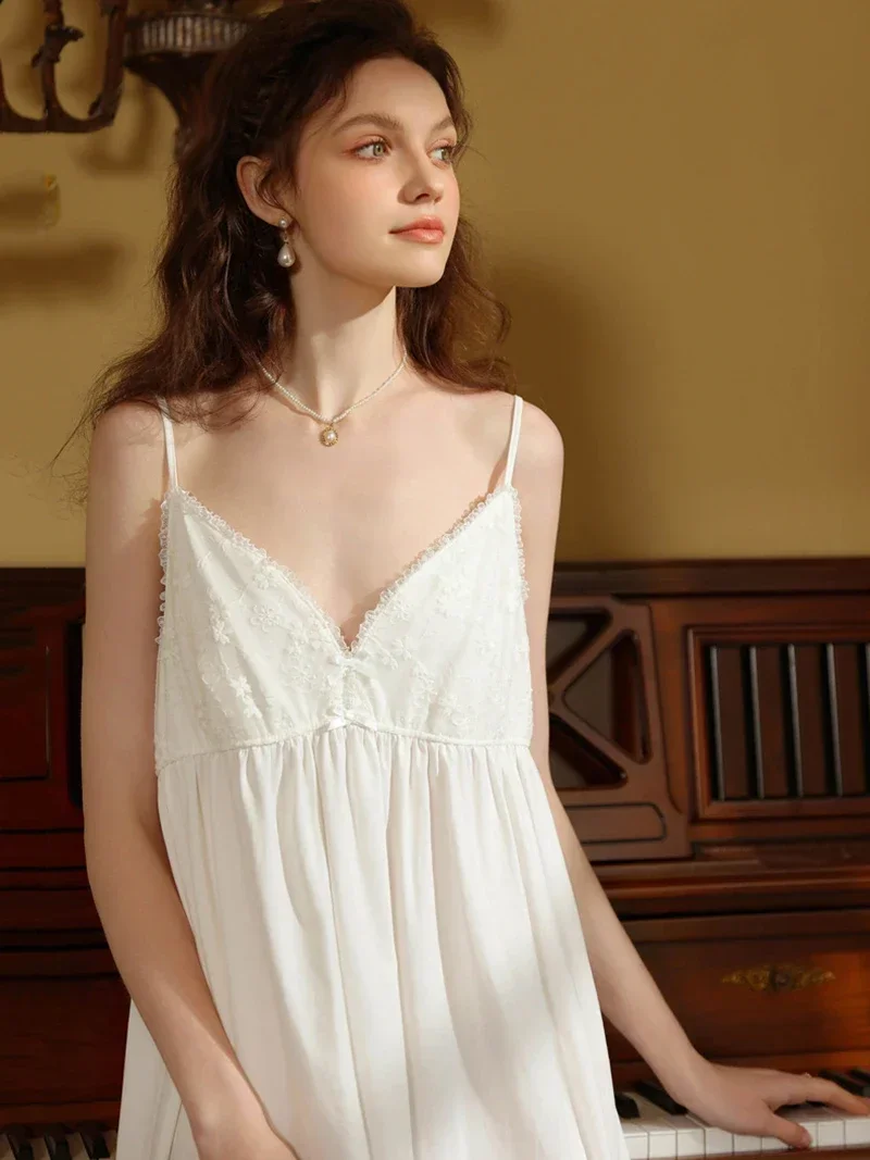 

Female Autumn Victorian Nightgowns Ruffles Viscose Sleeveless Nightdress Women Sweet Vintage Princess Sexy Loose Sleepwear