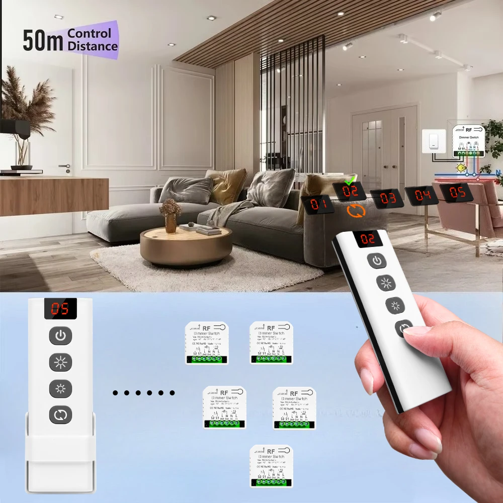 RF433 MHz AC110 V 220 V kabelloser Dimmerschalter, Lichthelligkeit einstellbar, 5-in-1-Fernbedienung, 2-Wege, für 10–150 W LED-Halogenlampe