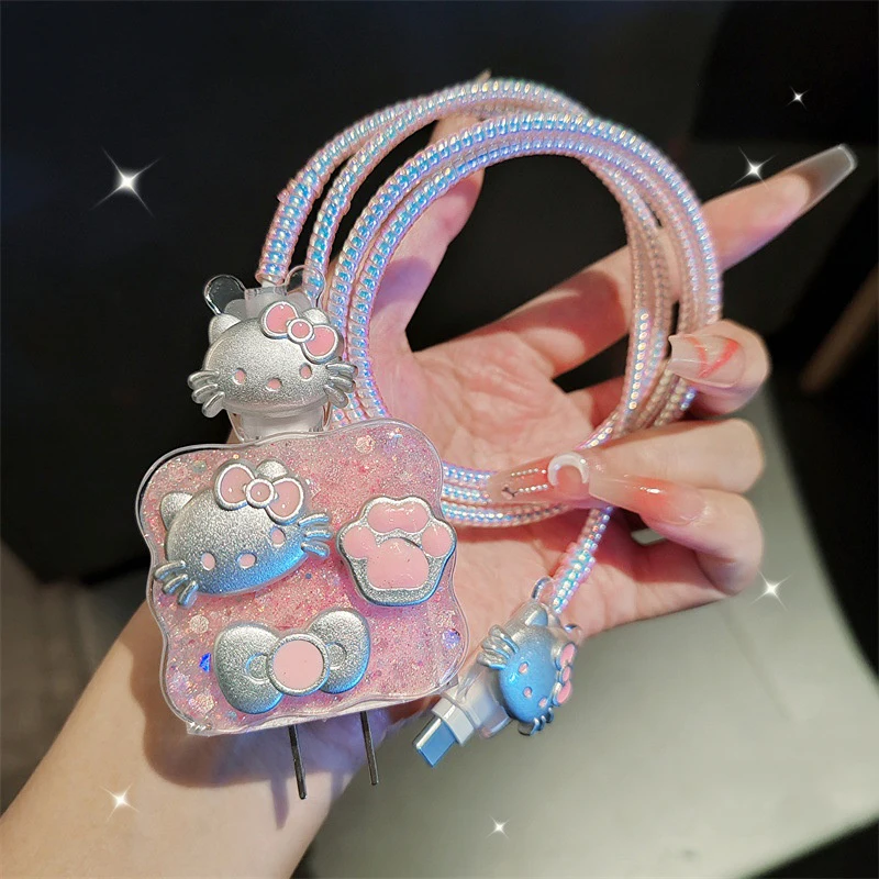 かわいいハローキティ充電器データケーブルケース電話用 20 ワット充電器ケース保護カバー巻線キットアンチブレイク保護