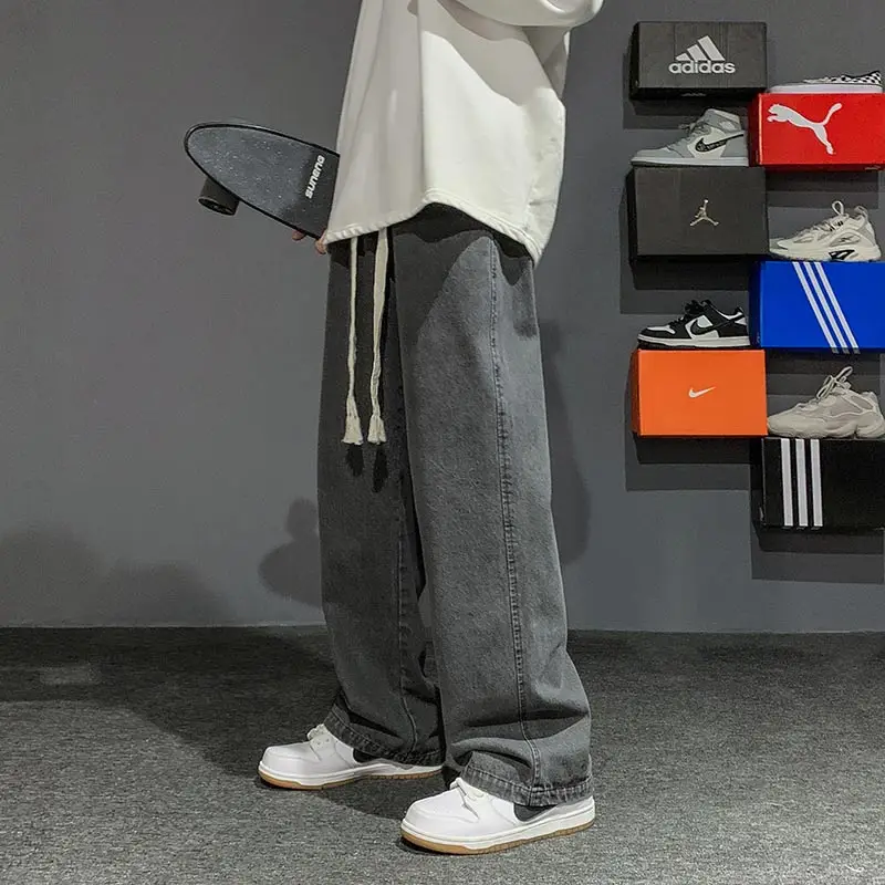 

Retro American Bla Denim Jeans Men's High Street Woven Rope Straight Leg Trendy Brand Waed Wide Leg Long Pants