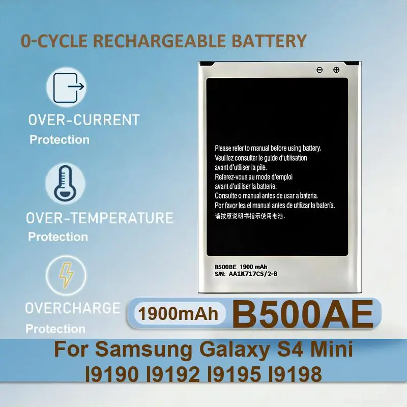 

Аккумулятор для мобильного телефона B500AE для Samsung Galaxy S4 Mini I9190 I9192 I9195 I9198, 1900 мАч, реальная емкость
