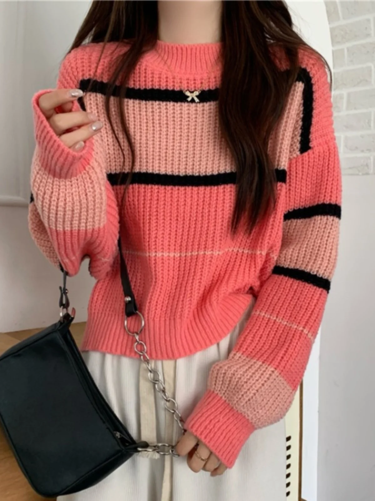 Women's ort round Ne Striped Sweater Loose Lazy Sle Outerwear Knitted Winter Faion Small Size Casual Top