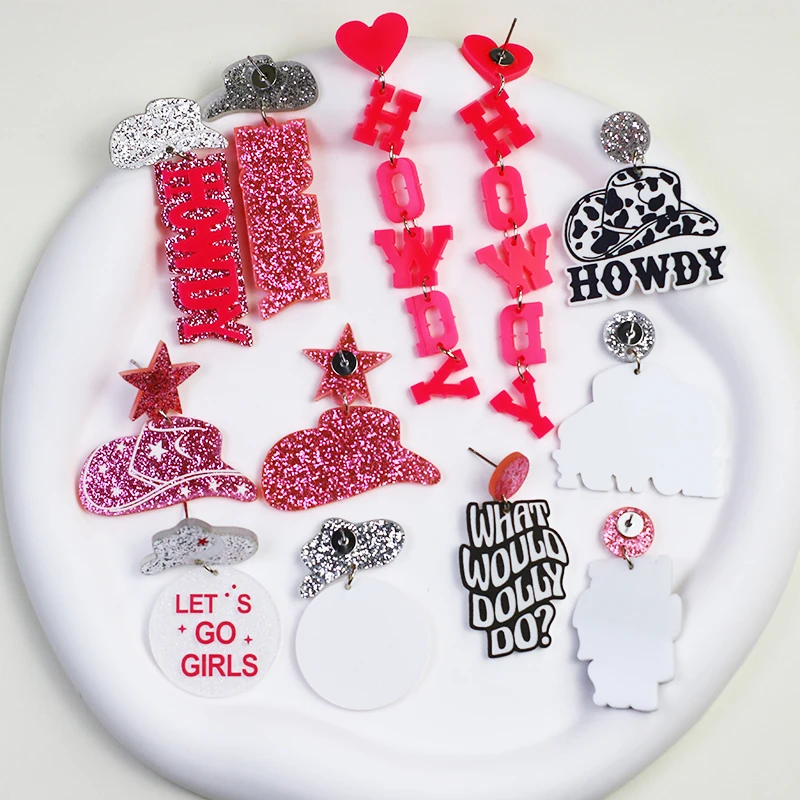 Western Letter HOWDY Star Cowboy Hat Acrylic Earrings For Women Vintage Disco Ball Cow Pattern Boots Drop Dangle Earring Party