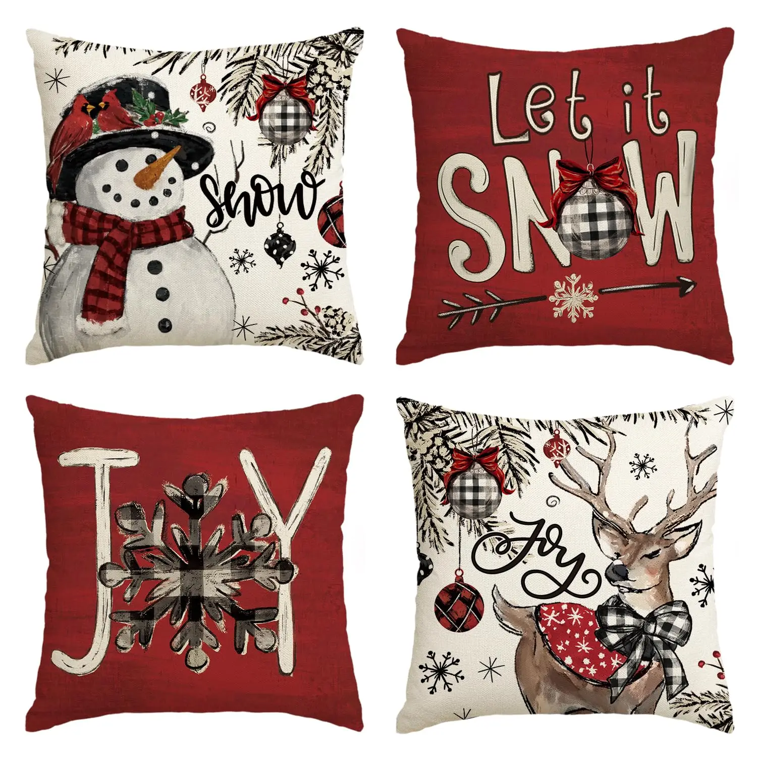 Joy Christmas Let It Snow Snowman Reindeer Throw Pillow Covers,Xmas Snowflake Winter Holiday Cushion Case for Couch Set of 4
