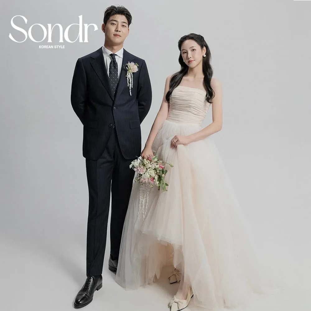 Sondr Light Champagne Tulle Korean Wedding Dresses Strapless A Line Photo Shoot Gown Customized Bridal Self-Wedding Dresses