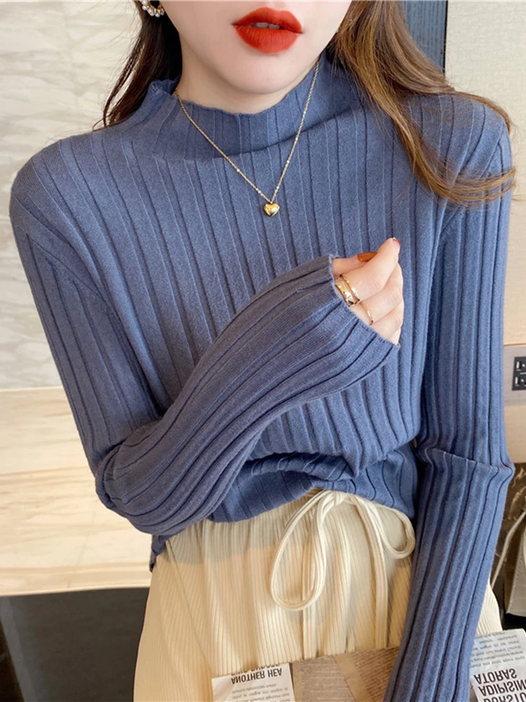 Autumn Winter Knitted Ribbed Mock Neck Sweater Women Clothes 2024 Long Sleeve Slim Basic Pullover Woman Sweaters Solid Tops