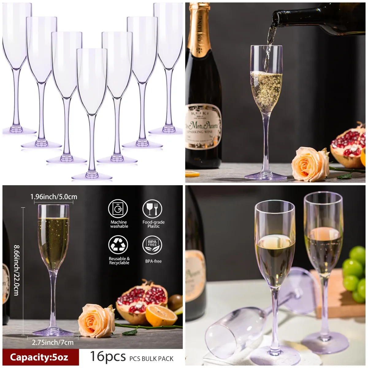 

16-Pack Acrylic Champagne Flutes, 5 oz Unbreakable Goblets - Purple, Reusable Toasting Glasses for Weddings, Parties, Home Use