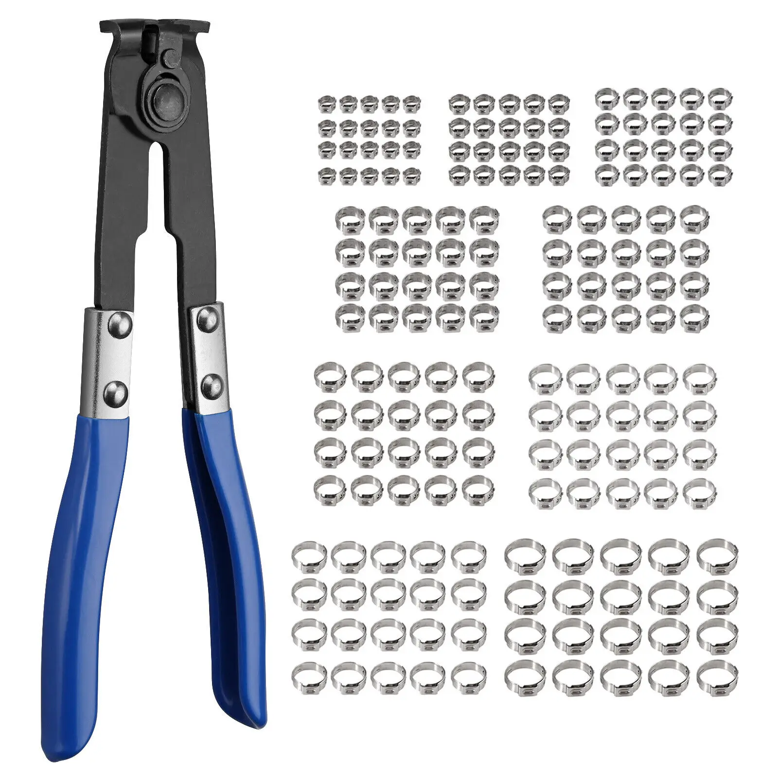 

180Pcs Single Ear Stepless Hose Clamp Stainless Steel 7-21mm Assortment with Hose Clamps Pliers Pincer Crimper Tool Kit