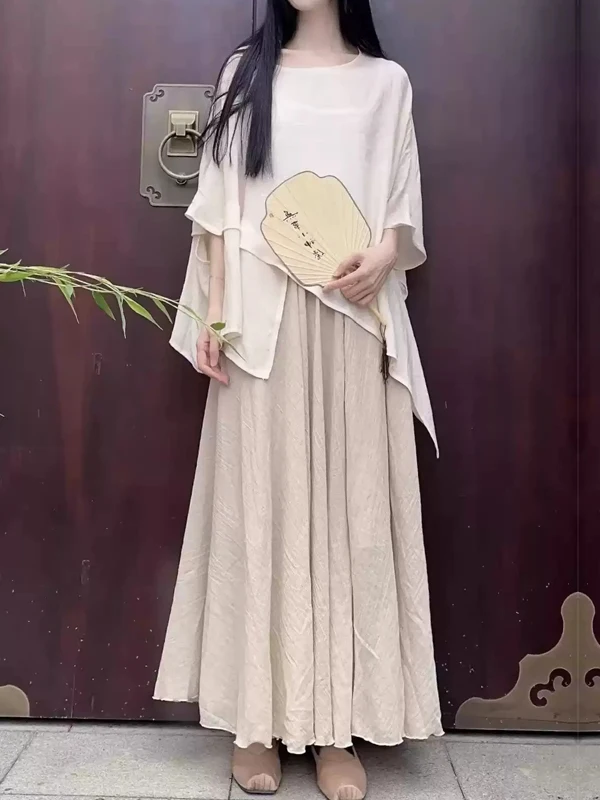 

New Chinese Zen Sle Cold Tone Tee-Piece Set Women's Summer National Sle ort Sve Cotton Linen Asymmetrical Skirt