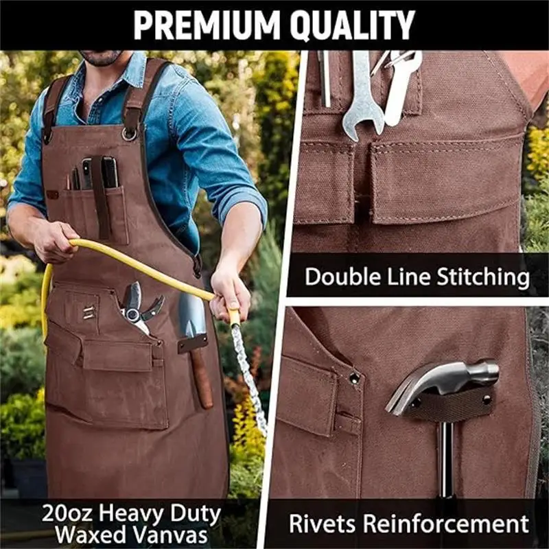 Woodworking Aprons with Adjustable Cross Back Straps Heavy Duty Waxed Canvas Apron Premium Work Apparel for Workshop Mechanics