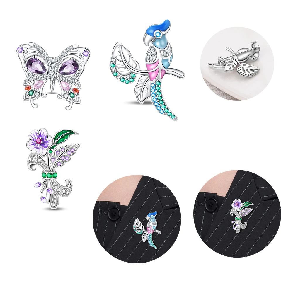 

Beautiful 925 Sterling Silver Colorful Zirconium Butterfly And Parrot Bouquet Brooch Boutique Matching Decorations Gifts