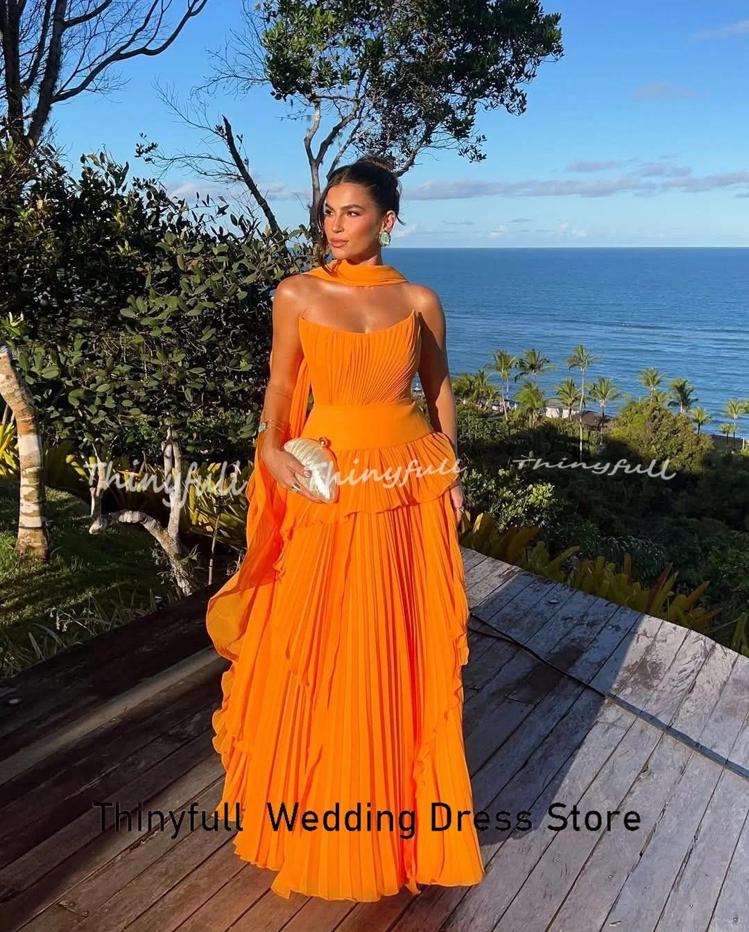 Thinyfull A-line Chiffon Prom Dresses Strapless Sleeveless Pleats Evening Dress Formal Occasion Gown Robe De Soirée Customized image 2