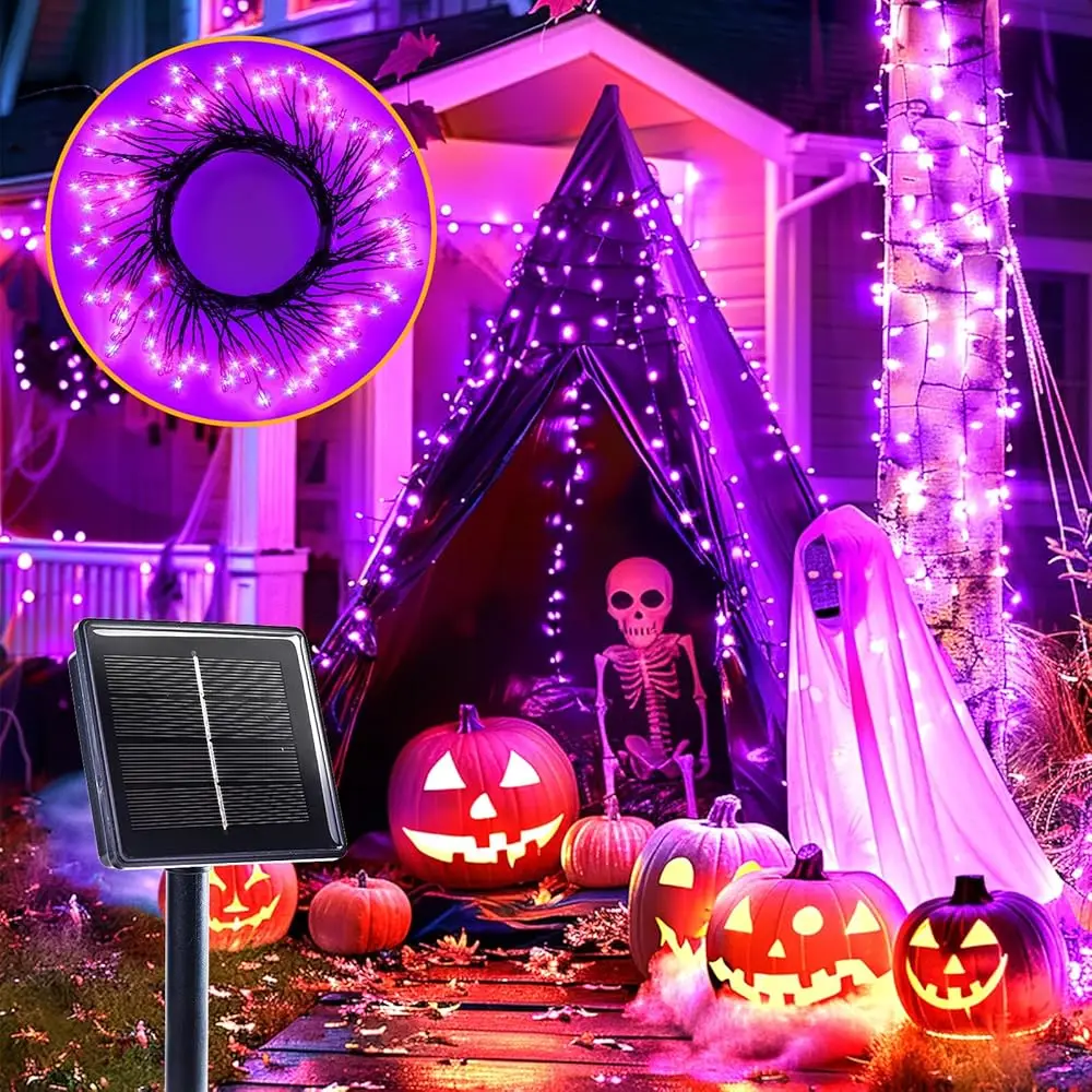 

Светодиодная гирлянда Brightown Purple Light, 9,8 футов, 120 LED, на солнечной батарее, для Хэллоуина, уличная, с 8 режимами, водонепроницаемая, с эффектом мерцающих фейерверков