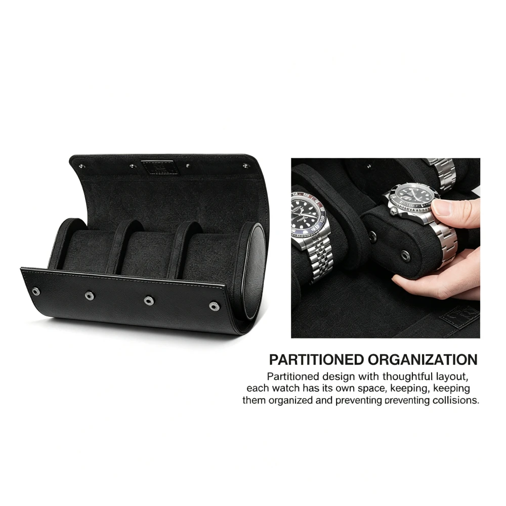 Mozsly Premium 3-Slot Watch Roll Travel Case Litchi Pu Leather Storage Pouch with Soft Velvet Lining, Portable Organizer for Men