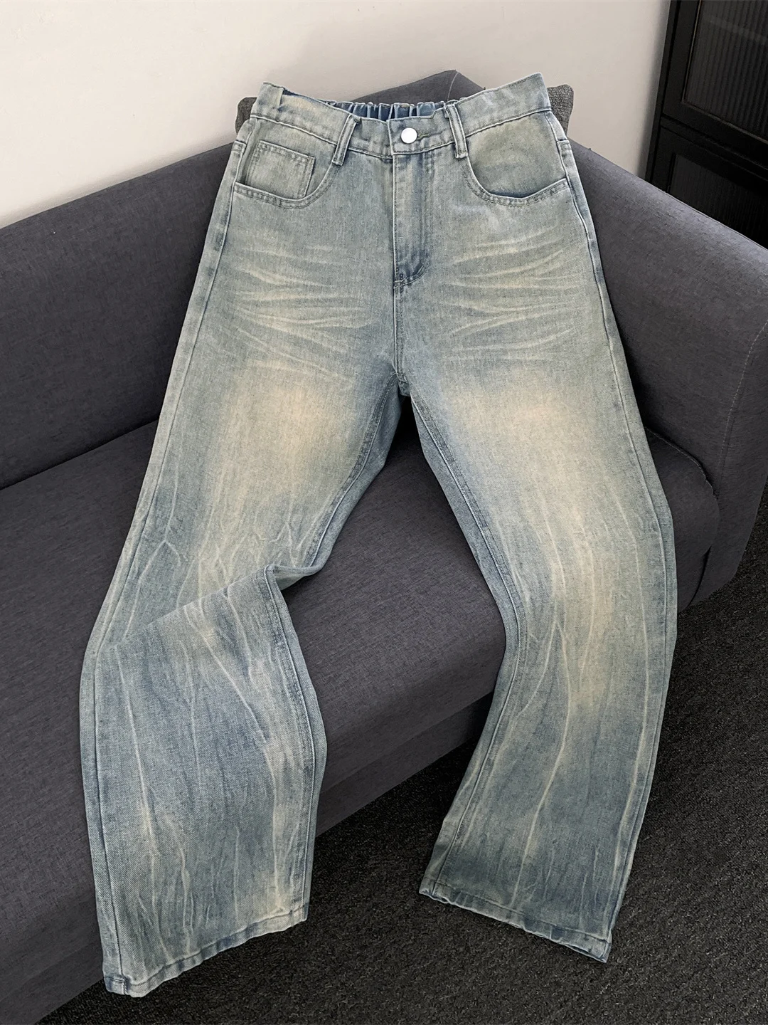 

Retro Wide Leg Jeans Men's Autumn Winter American Washed Slim Straight Tube Pants Trendy Brand Handsome Half Elastic Denim