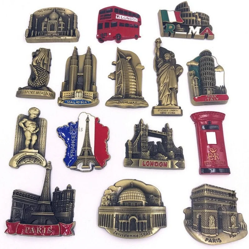 Metallic Fridge Magnets of Various Countries\'s Famous Landmarks France UJerusalem Travelling Souvenirs Magnetic Stickers Metal