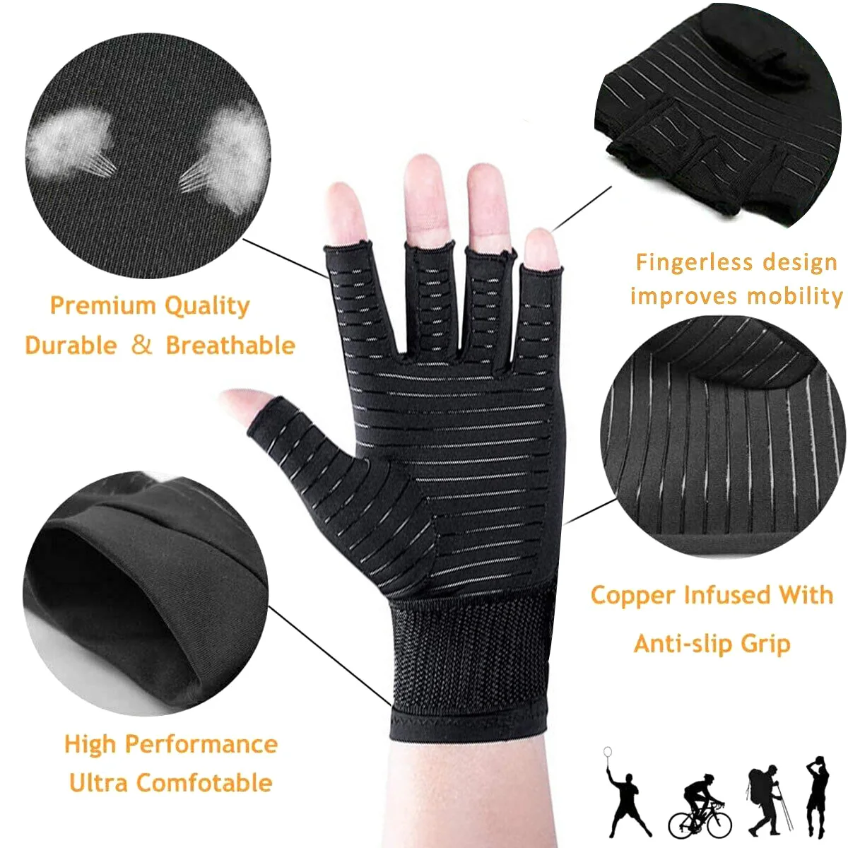 Compression Arthritis Gloves with Strap Non-Slip Breathable Cycling Gloves Outdoor Health-care Copper Fiber Pressure Gloves