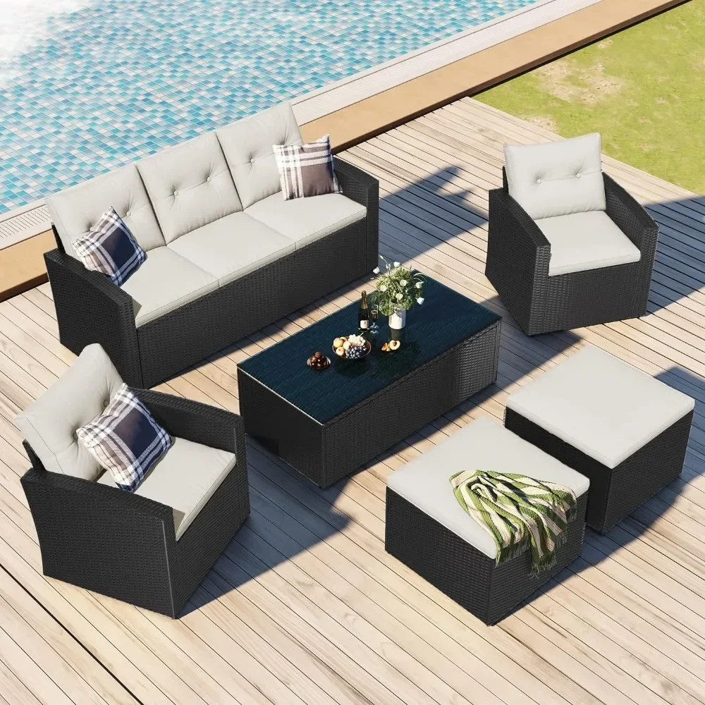 6 Pieces Sets Outdoor Garden Furniture Furniture Weather PE Rattan Patio Outdoor Dining Conversation Sectional Coffee Table Set