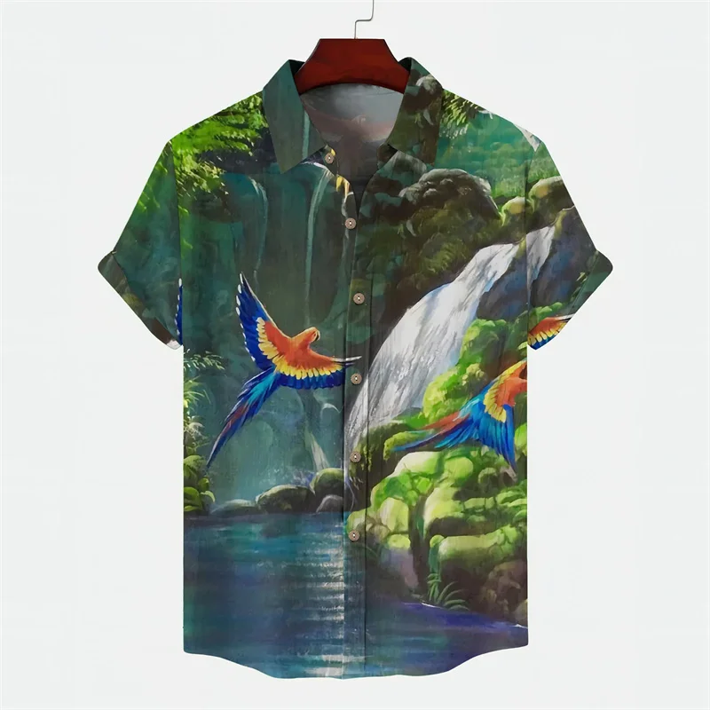 

Parrot Animal Pattern Hawaiian Shirt For Men Floral Leaf 3D Printed Blouse Loose Breathable Lapel Tops Short Sleeve Beach Shirts