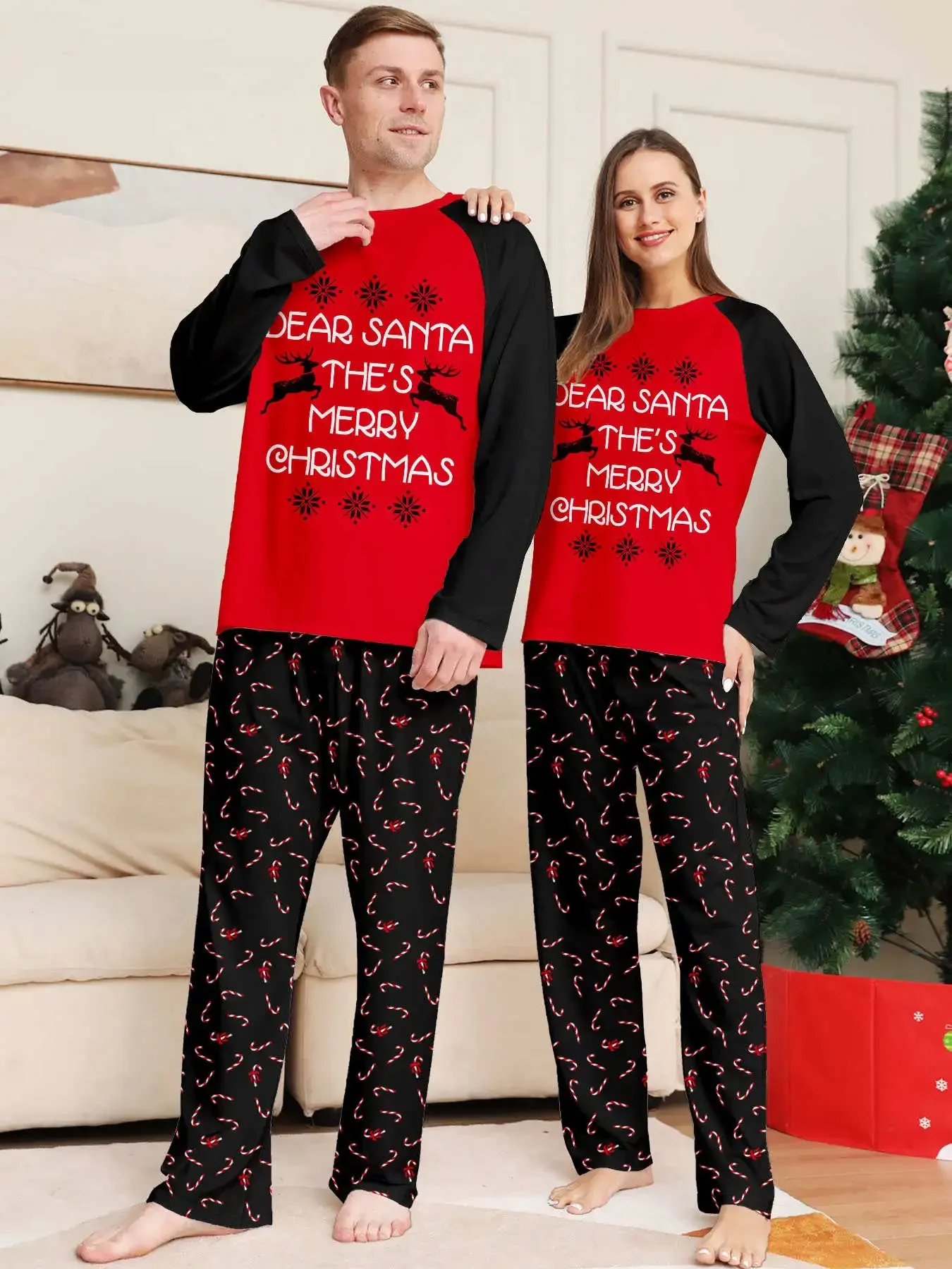 Winter 2024 Letter Print Pajamas Set Women Men Boys Girls Matching Outfits Cute Soft Christmas Sleepwear 2 Pieces Suit Xmas Look