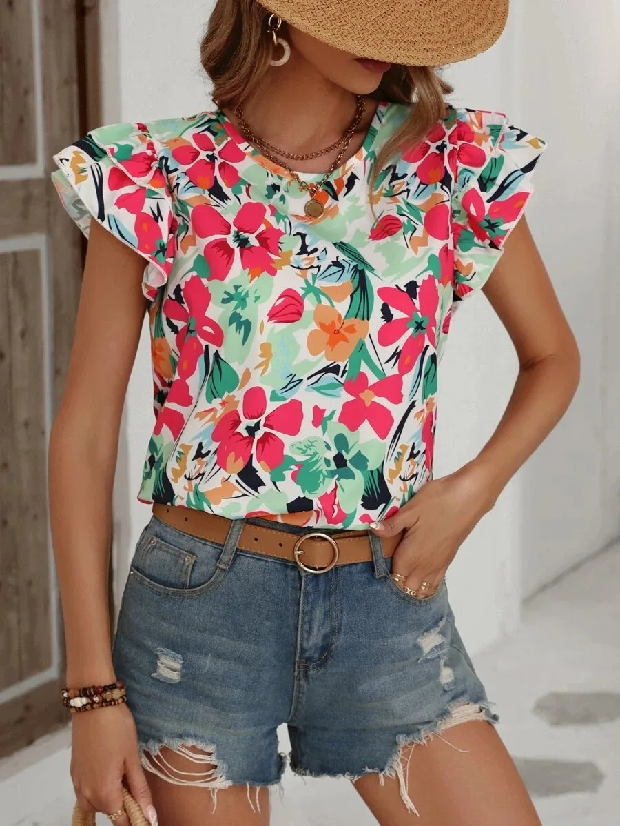 Fashion Flower Print Flying Sleeve Shirt Blouse Woman Spring Summer Casual O-neck Short Sleeve Blouses For Women 2023 Loose Tops