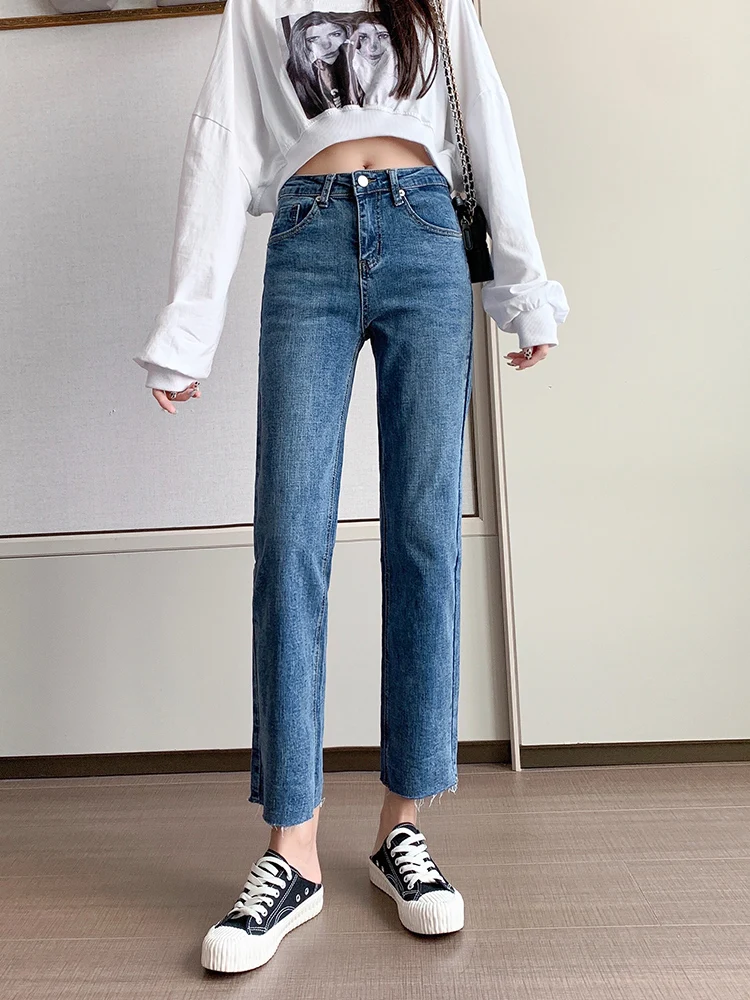 High Waist Straight Leg Blue Jeans Women's Loose Fit Slimming High Risen Student Style Autumn Fashion plus Size Denim Pants