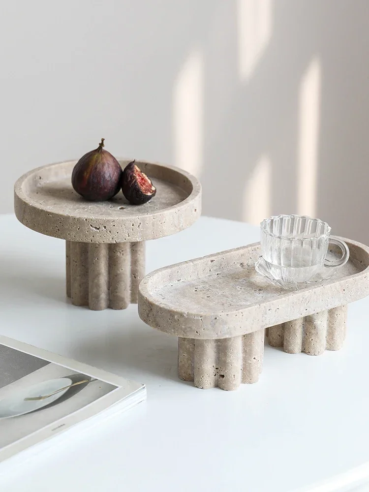 Beige Vintage Travertine Marble Tray with Leg Vintage Natural Stone Jewelry Cosmetics Tray Serving Tray Cup Cake Stand for Home