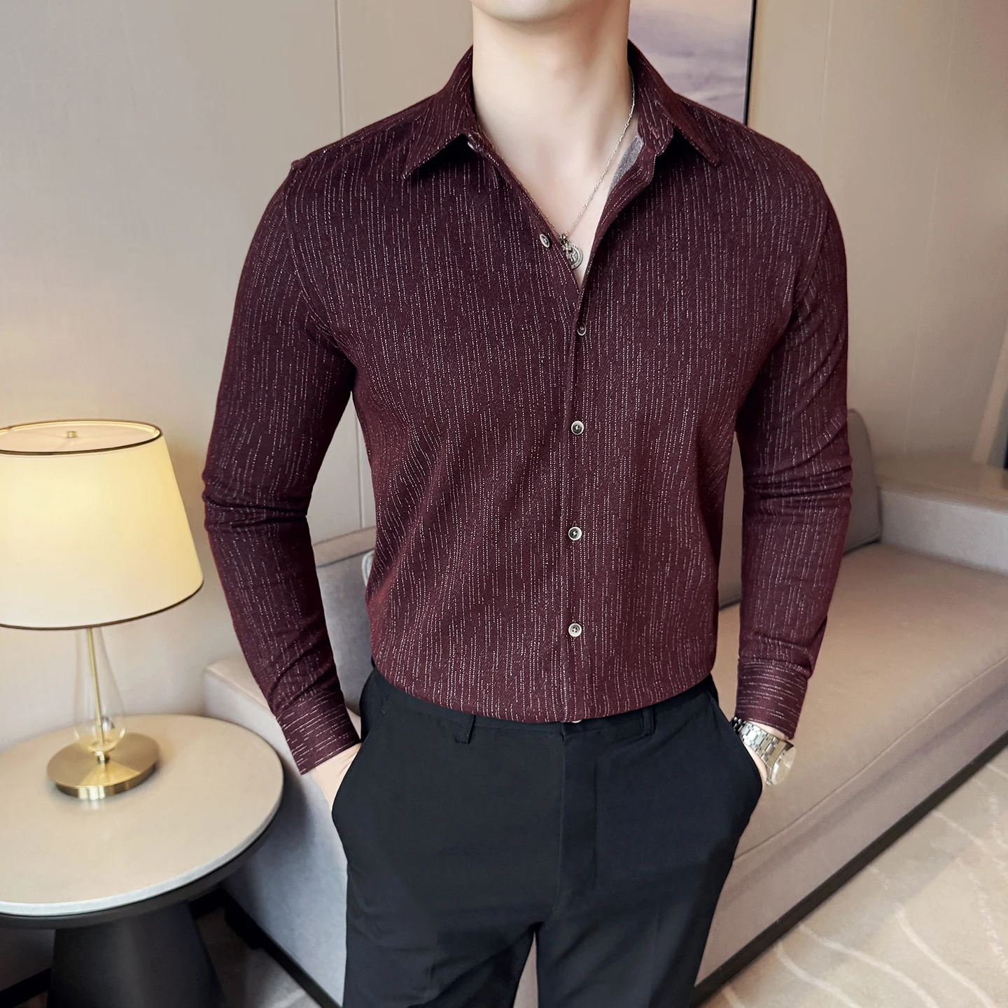 

Autumn Winter Thick Warm Striped Men's Long Sleeved Shirt Fashion Slim Casual Business Dress Shirt Social Office Work Uniform