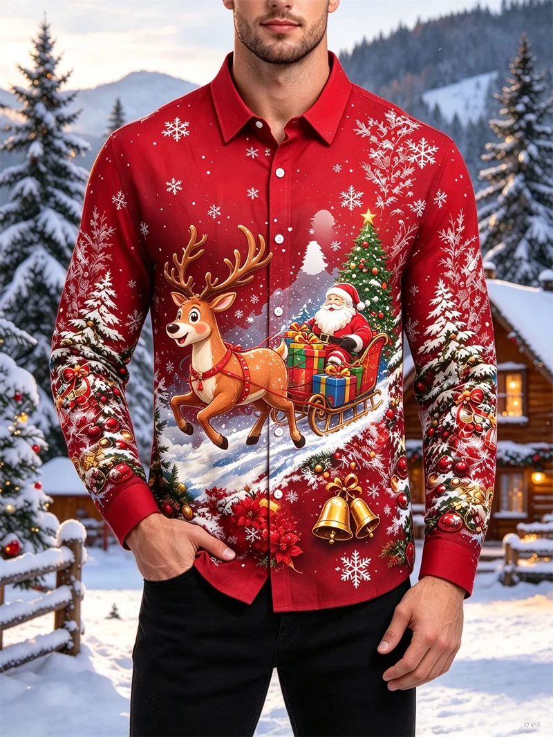 New men's Christmas shirt with red background, Santa Claus sled, deer bell, snowflake print, trendy men's shirt