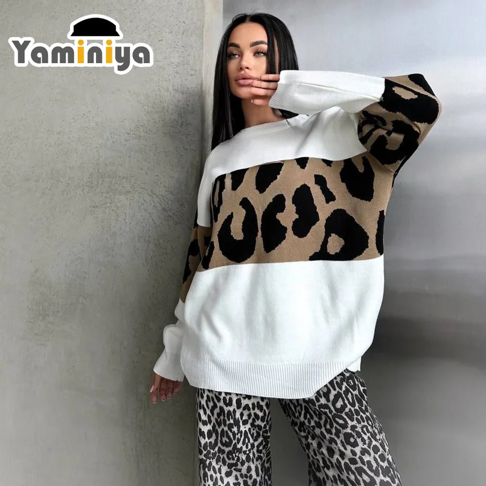 

2024 NEW Winter Sweater Long Sleeve O-Neck Casual Print Stitching Leopard Women's Leopard Knit Sweater Loose Knitwear Outwear