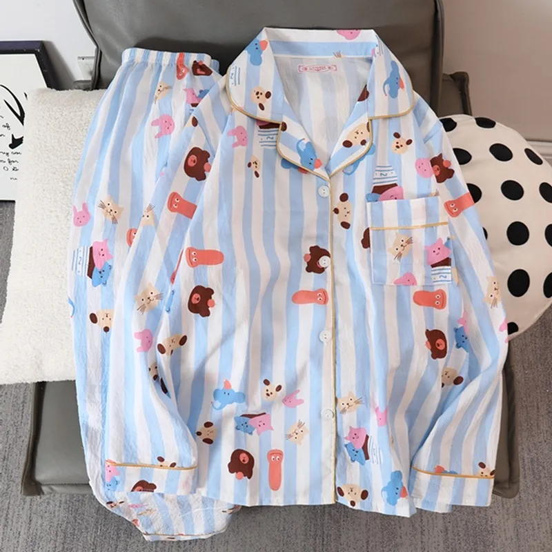 Sweet Cute Bear Print Kawaii Women\'s Pajamas Set New Autumn Casual All-match Two-pieces Pajamas Set V-neck Korean Sleepwear