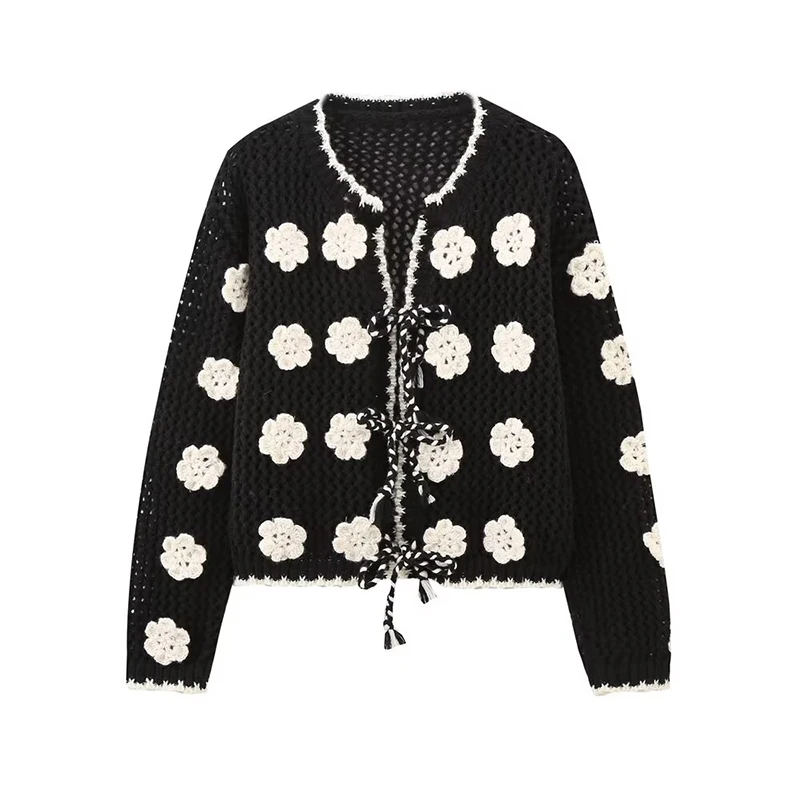 YENKYE Autumn Women Appliques Black Knit Cardigan Coat Long Sleeve O Neck With Lace Up Casual Outerwear Female Sweater