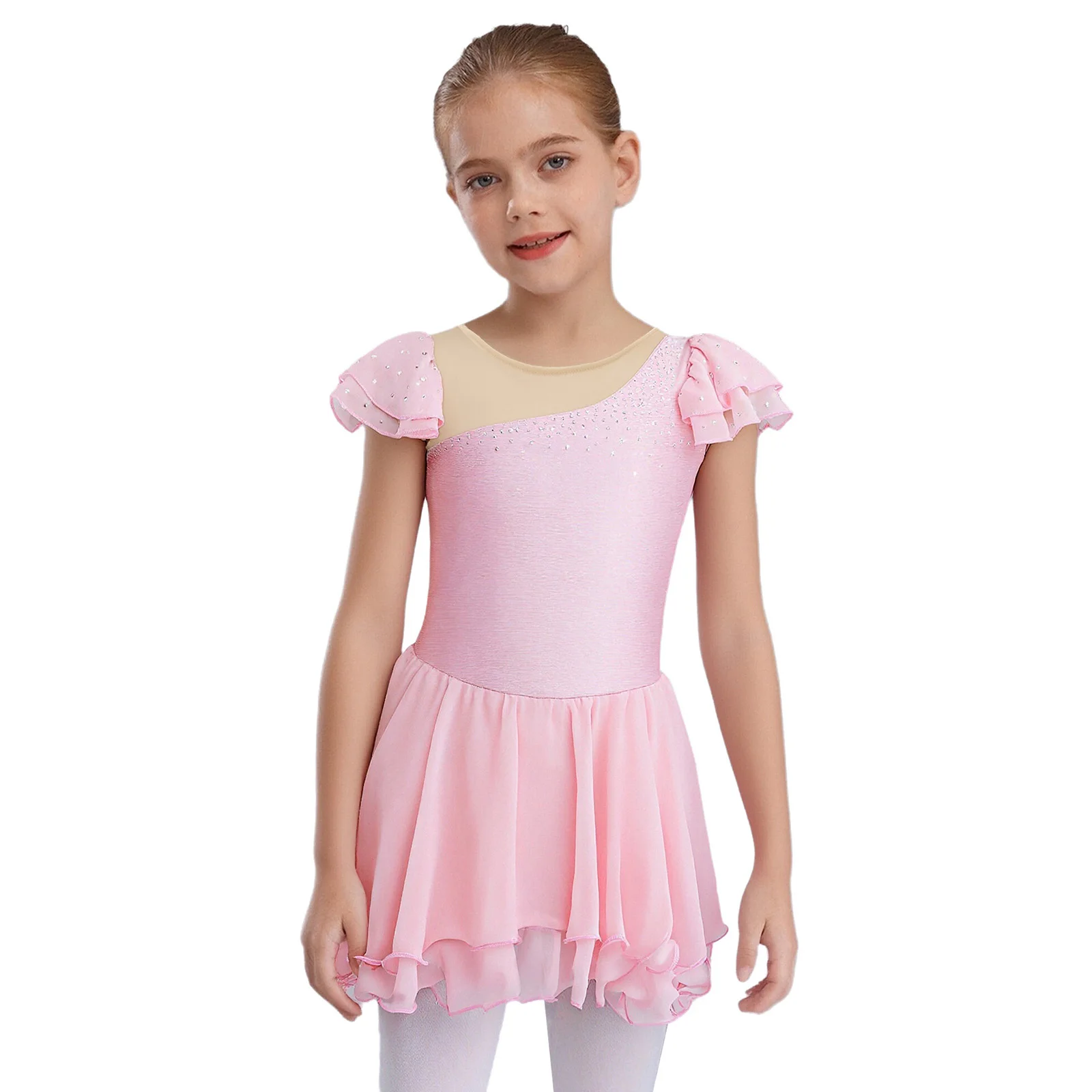

Kids Girls Ballet Dance Dresses Ruffle Sleeves Sheer Mesh Patchwork Lettuce Hem Shiny Rhinestones Dress Ballerina Competition