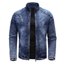 Chaqueta de mezclilla de motocicleta para hombre, abrigos de mezclilla de cuello alto, cremallera Retro, algodón ajustado, prendas de vestir exteriores para motociclista, nuevo