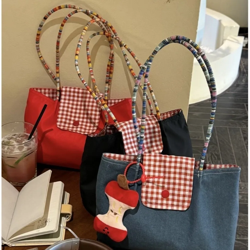

New Red Grid Tote Bag Korean-style Shoulder Bag Hand-mounted Plaid Canvas Bag Commute Handbag for Work Student