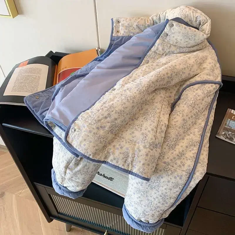 Zimní prošívaná bunda pro ženy, květinový manšestr, volný bavlněný prošívaný kabát, tlustá ležérní prošívaná bunda, svrchní oblečení pro ženy - náhled 2