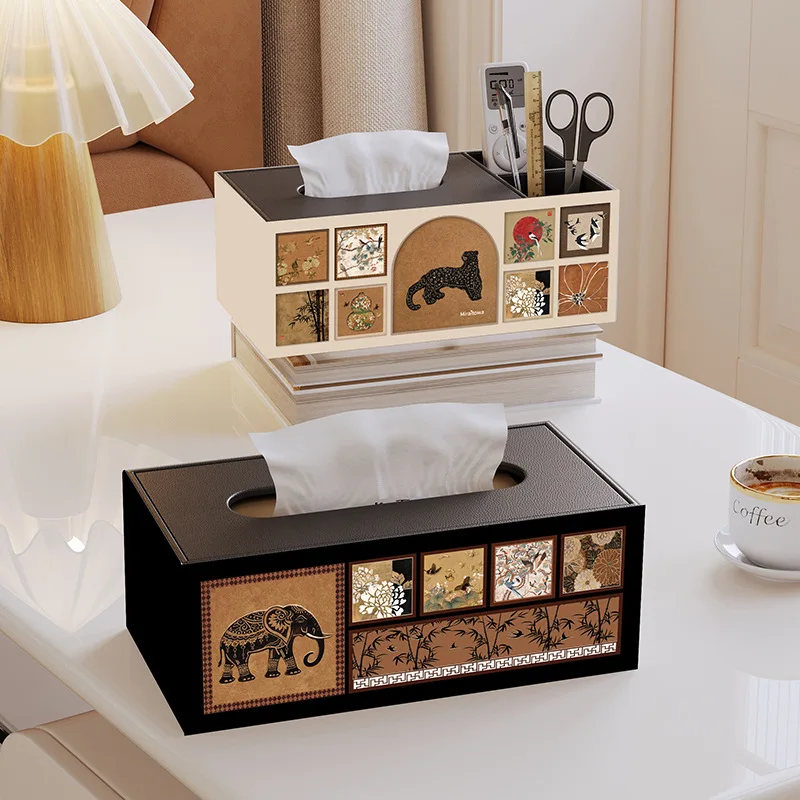 

‌Vintage Style Multifunctional Tissue Box with Remote Storage&Organizer | 3-in-1 Tissue Holder & Drawer | Home Office Essential