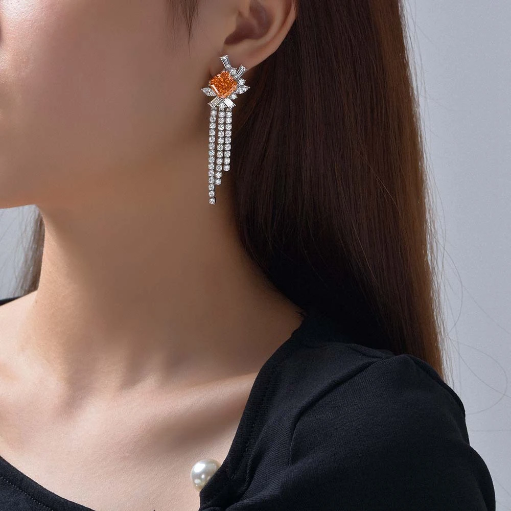 PuBang Fine Jewelry 925 Sterling Silver Orange Tassel Drop Earrings Created Moissanite for Women Anniversary Gifts Drop Shipping